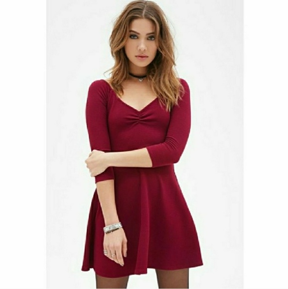 Forever 21 Dresses & Skirts - ⚫NWOT Burgundy Skater Dress with 3/4 Sleeve